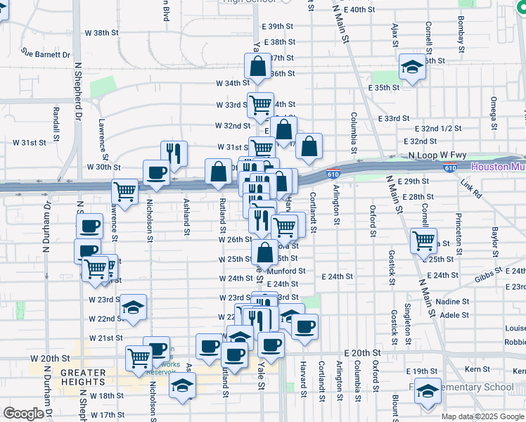 map of restaurants, bars, coffee shops, grocery stores, and more near 110A East 27th Street in Houston