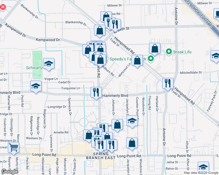 map of restaurants, bars, coffee shops, grocery stores, and more near 7816 Hammerly Boulevard in Houston