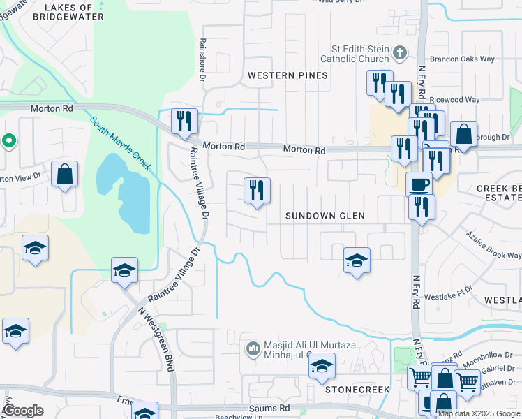 map of restaurants, bars, coffee shops, grocery stores, and more near 3007 Silver Cedar Trail in Katy