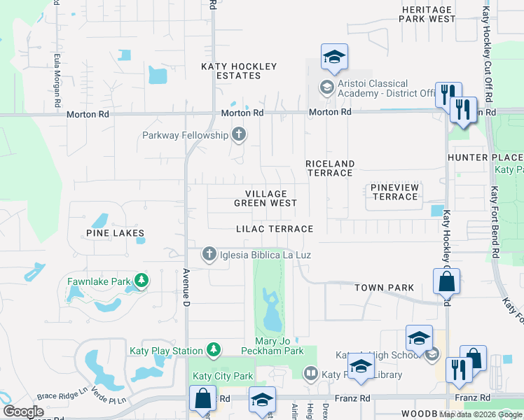 map of restaurants, bars, coffee shops, grocery stores, and more near 2531 Village Circle Drive in Katy