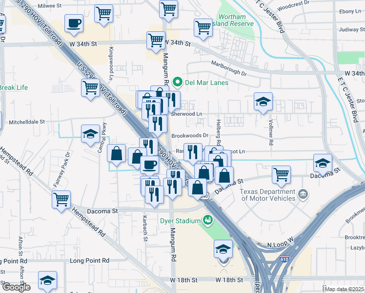 map of restaurants, bars, coffee shops, grocery stores, and more near 10404 Northwest Freeway in Houston