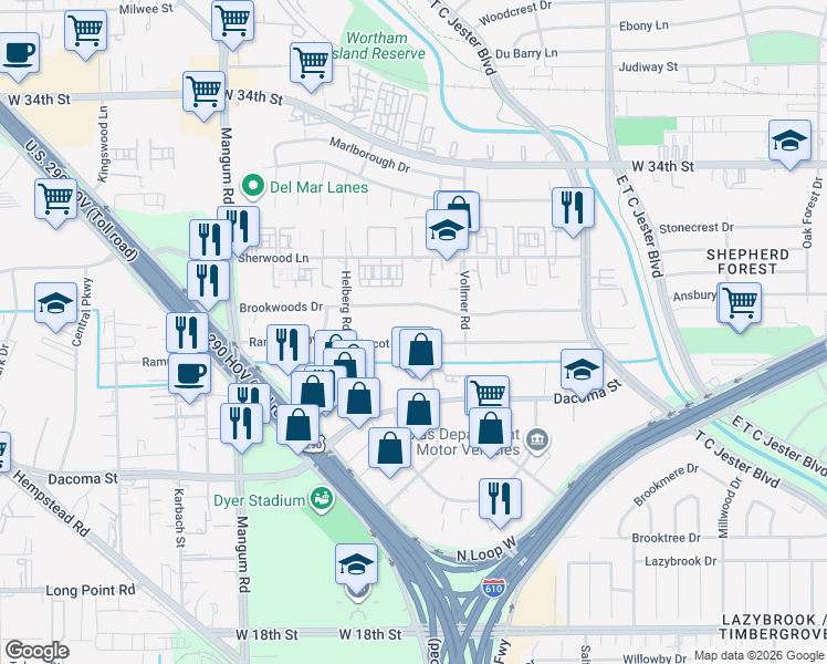 map of restaurants, bars, coffee shops, grocery stores, and more near 4203 Ascot Lane in Houston