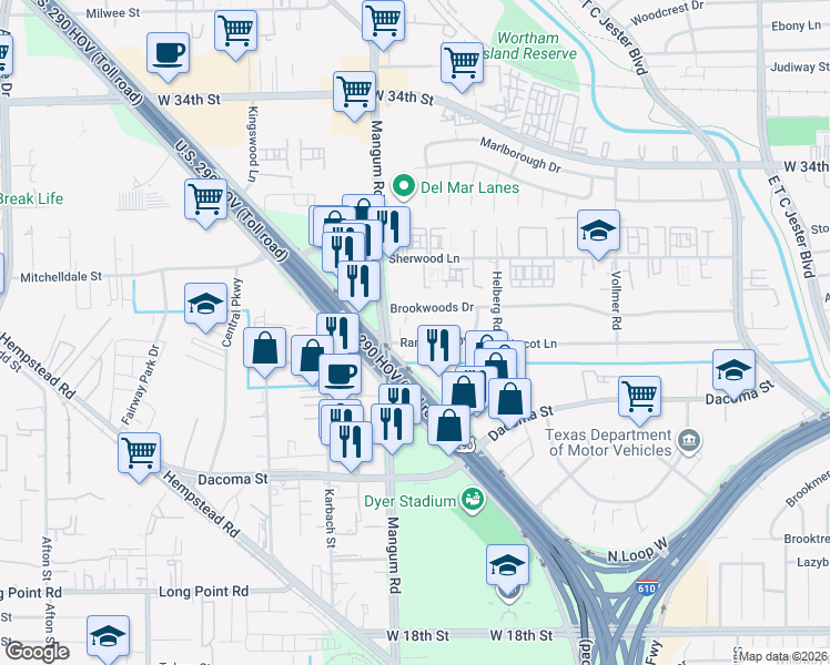 map of restaurants, bars, coffee shops, grocery stores, and more near 10404 Northwest Freeway in Houston
