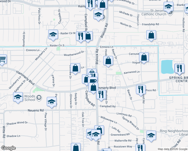 map of restaurants, bars, coffee shops, grocery stores, and more near 2122D Blalock Road in Houston