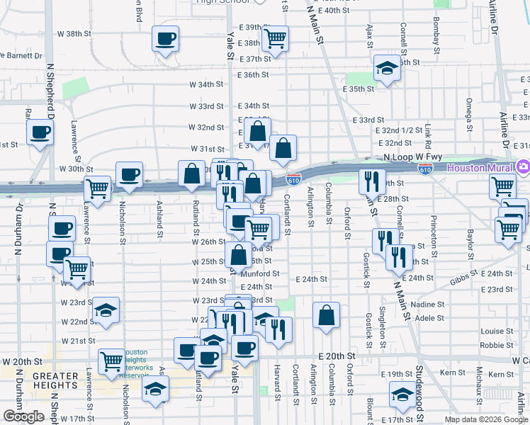 map of restaurants, bars, coffee shops, grocery stores, and more near 214 East 27th Street in Houston