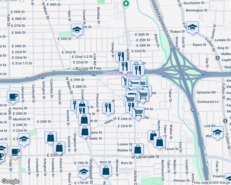map of restaurants, bars, coffee shops, grocery stores, and more near 2632 Link Road in Houston