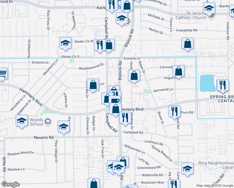 map of restaurants, bars, coffee shops, grocery stores, and more near 2122D Blalock Road in Houston