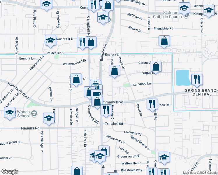 map of restaurants, bars, coffee shops, grocery stores, and more near 2125 Hoskins Drive in Houston