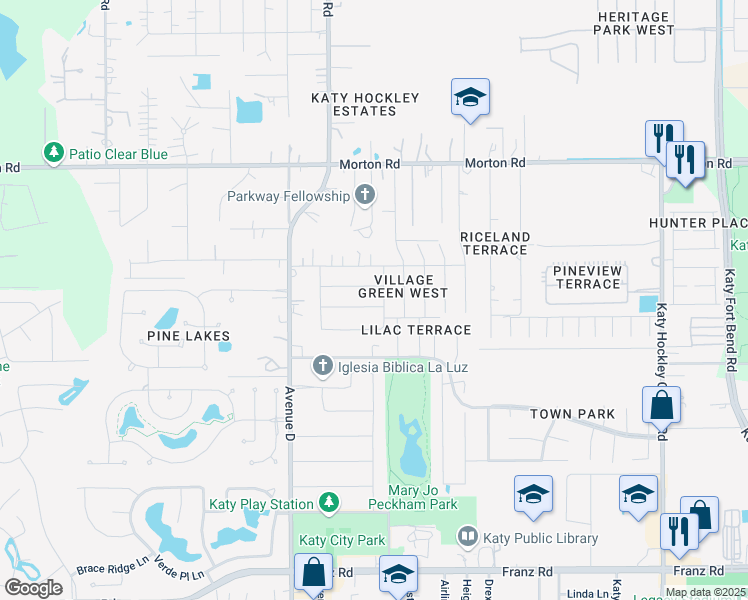 map of restaurants, bars, coffee shops, grocery stores, and more near 5610 Village Oak Drive in Katy