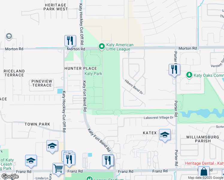 map of restaurants, bars, coffee shops, grocery stores, and more near Grass Circle in Katy