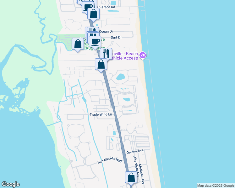 map of restaurants, bars, coffee shops, grocery stores, and more near 71 Village Del Lago Circle in St. Augustine