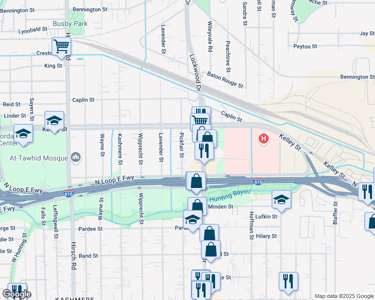 map of restaurants, bars, coffee shops, grocery stores, and more near 5521 Pickfair Street in Houston
