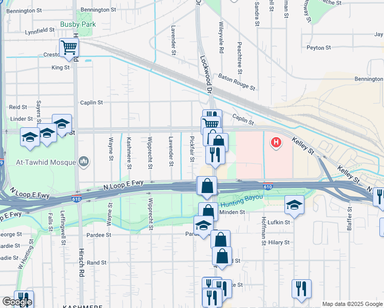 map of restaurants, bars, coffee shops, grocery stores, and more near 5521 Pickfair Street in Houston