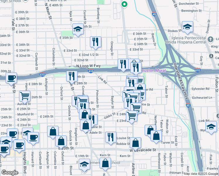 map of restaurants, bars, coffee shops, grocery stores, and more near 2610 Baylor Street in Houston