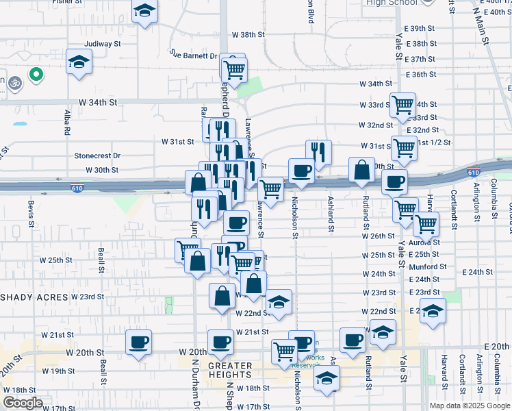 map of restaurants, bars, coffee shops, grocery stores, and more near 615 West 27th Street in Houston