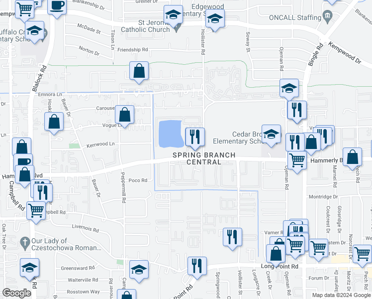 map of restaurants, bars, coffee shops, grocery stores, and more near 8801 Hammerly Boulevard in Houston