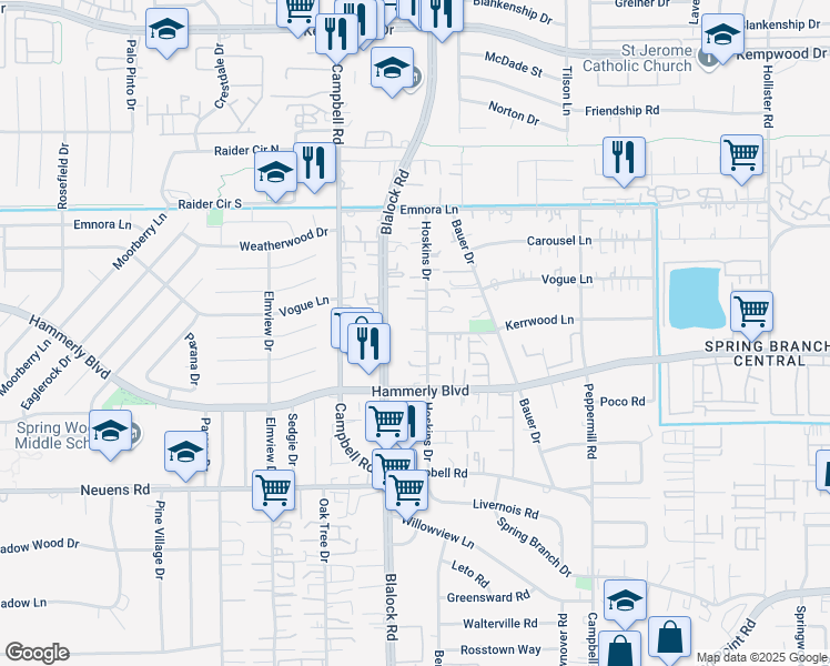 map of restaurants, bars, coffee shops, grocery stores, and more near 2125 Hoskins Drive in Houston
