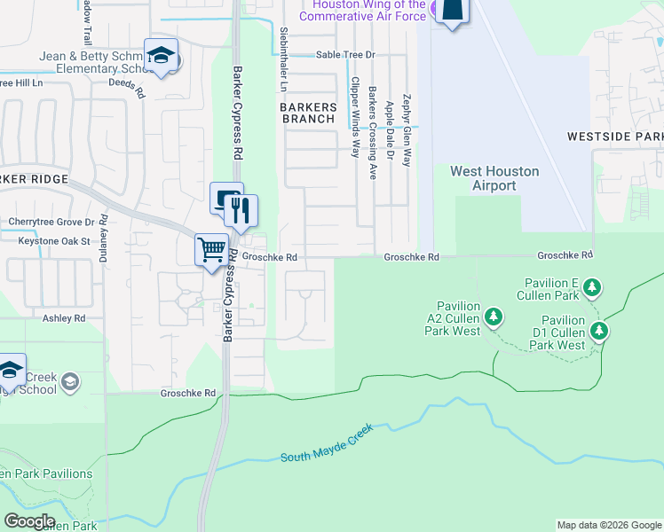 map of restaurants, bars, coffee shops, grocery stores, and more near 2906 Mossy Log Court in Houston