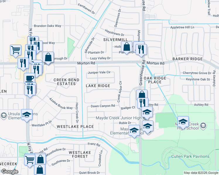 map of restaurants, bars, coffee shops, grocery stores, and more near 19415 Brook Village Road in Houston