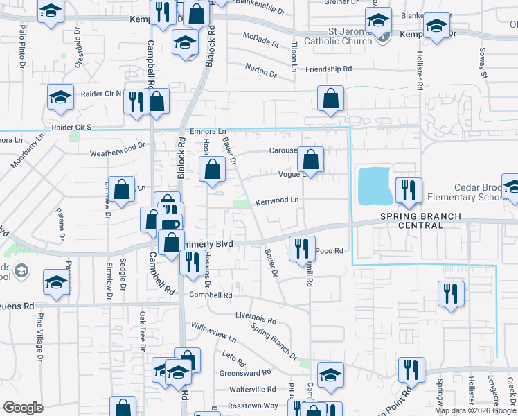 map of restaurants, bars, coffee shops, grocery stores, and more near 2135 Bauer Drive in Houston