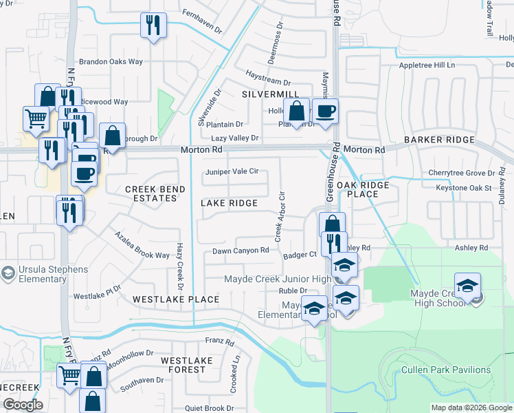 map of restaurants, bars, coffee shops, grocery stores, and more near 19418 Hillside Springs Circle in Houston