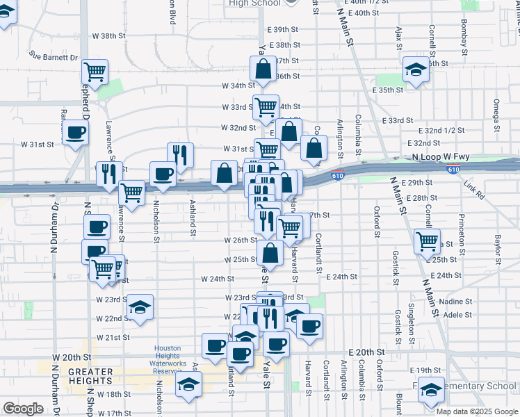 map of restaurants, bars, coffee shops, grocery stores, and more near 211 West 28th Street in Houston