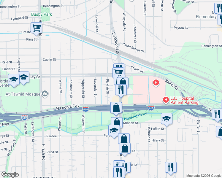 map of restaurants, bars, coffee shops, grocery stores, and more near 5805 Pickfair Street in Houston
