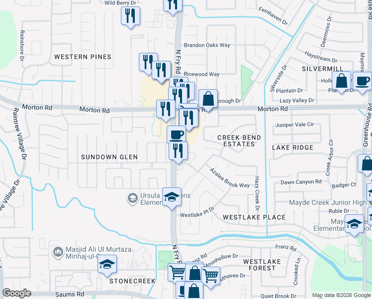 map of restaurants, bars, coffee shops, grocery stores, and more near 3004 North Fry Road in Katy
