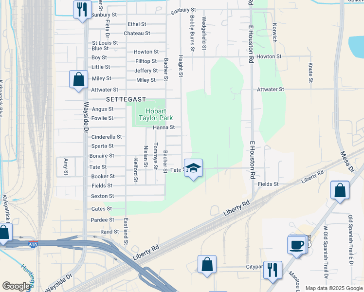 map of restaurants, bars, coffee shops, grocery stores, and more near 5523 Bobby Burns Street in Houston