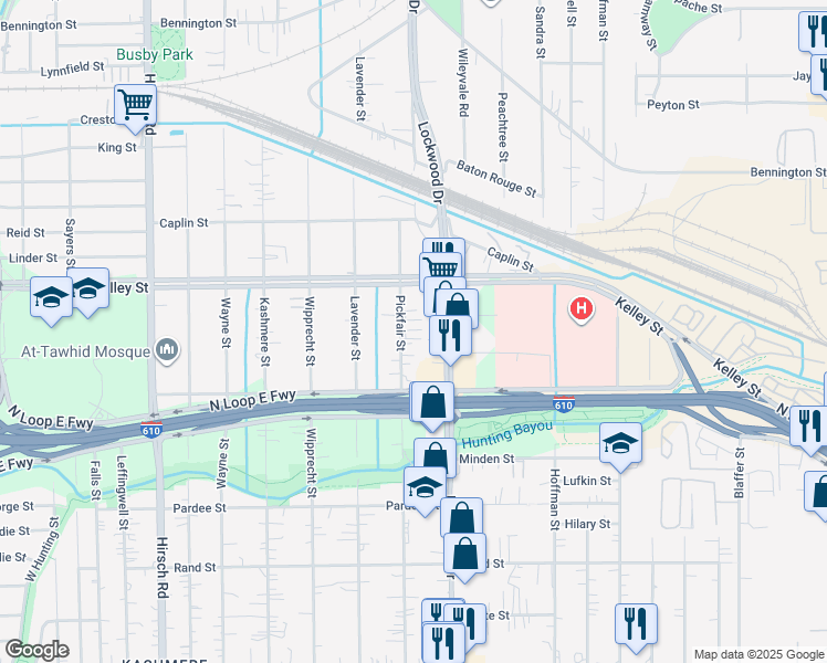 map of restaurants, bars, coffee shops, grocery stores, and more near 5805 Pickfair Street in Houston