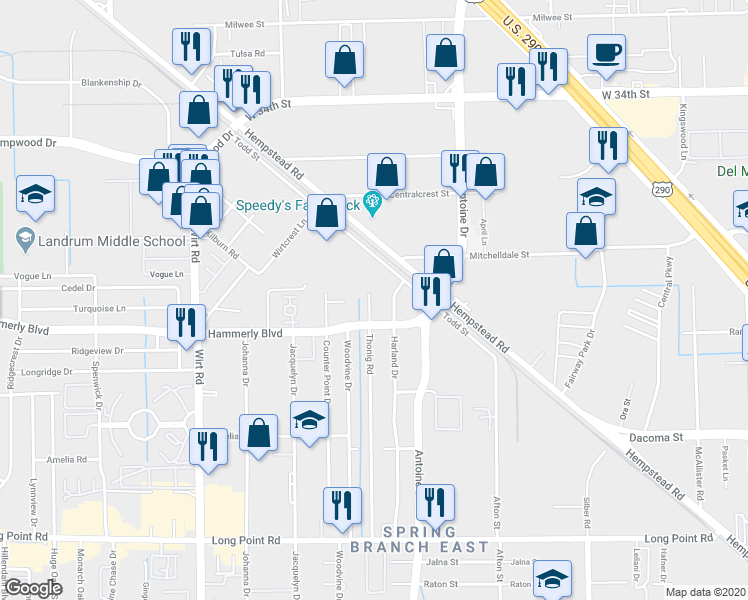 map of restaurants, bars, coffee shops, grocery stores, and more near 11329 Todd Street in Houston