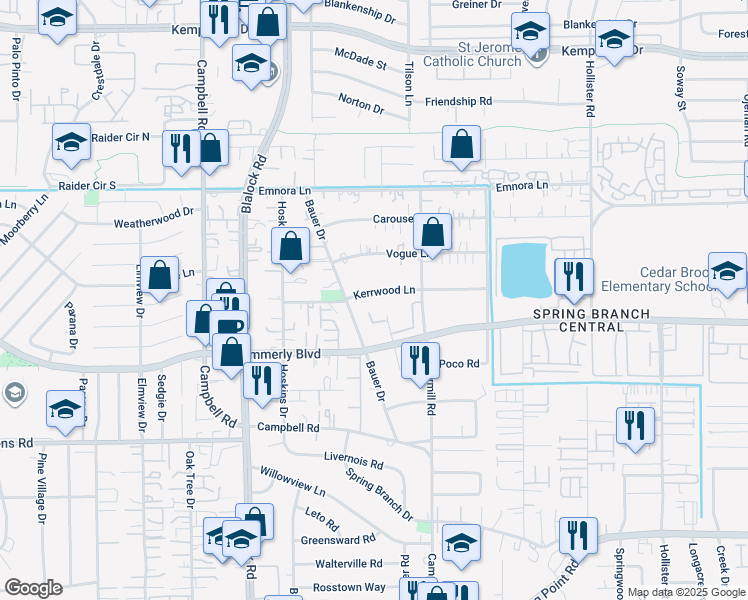 map of restaurants, bars, coffee shops, grocery stores, and more near 9214 Kerrwood Lane in Houston