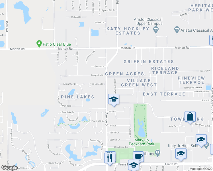 map of restaurants, bars, coffee shops, grocery stores, and more near 2678 Avenue D in Katy