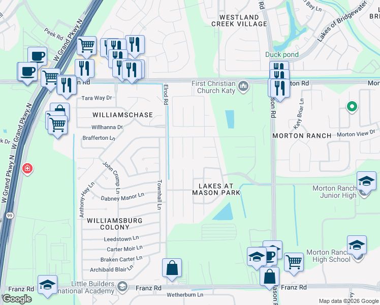 map of restaurants, bars, coffee shops, grocery stores, and more near 2638 Silky Court in Katy