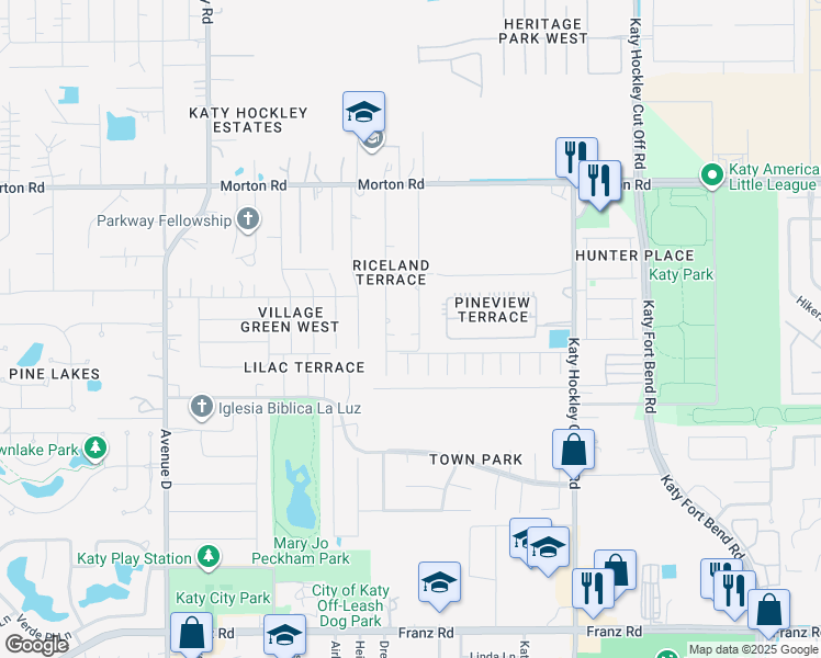 map of restaurants, bars, coffee shops, grocery stores, and more near 2619 Fortuna Drive in Katy