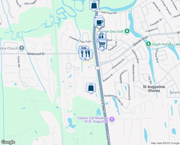 map of restaurants, bars, coffee shops, grocery stores, and more near 150 Mariner Health Way in St. Augustine