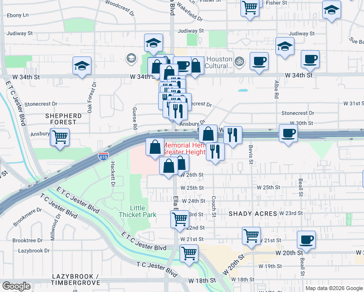 map of restaurants, bars, coffee shops, grocery stores, and more near 1521 North Loop West in Houston