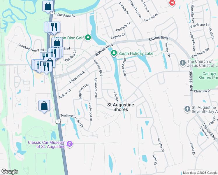 map of restaurants, bars, coffee shops, grocery stores, and more near 224 Cecilia Court in St. Augustine
