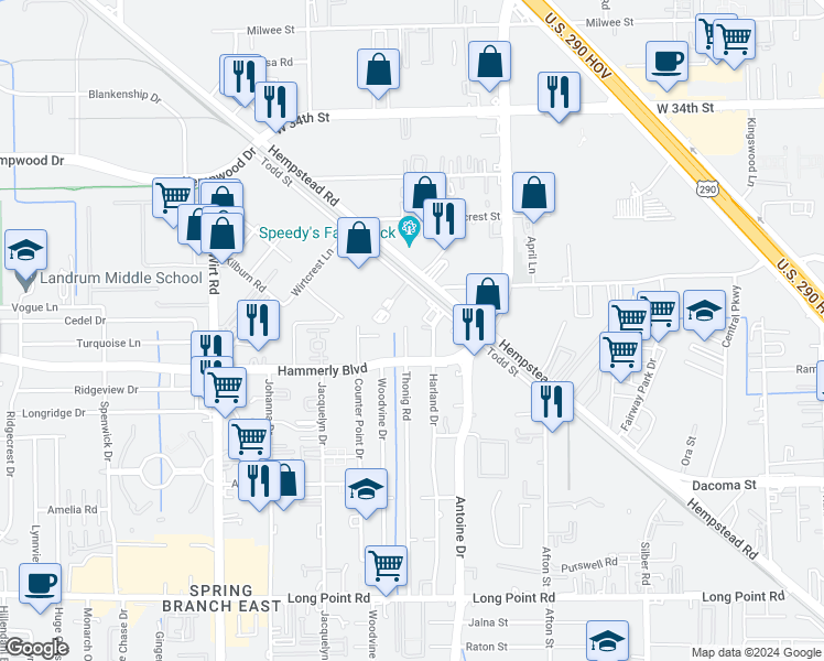 map of restaurants, bars, coffee shops, grocery stores, and more near 2112 Thonig Road in Houston