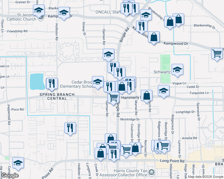 map of restaurants, bars, coffee shops, grocery stores, and more near 2134 Ojeman Road in Houston