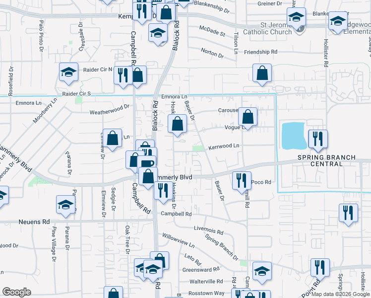 map of restaurants, bars, coffee shops, grocery stores, and more near 2209 Bauer Drive in Houston