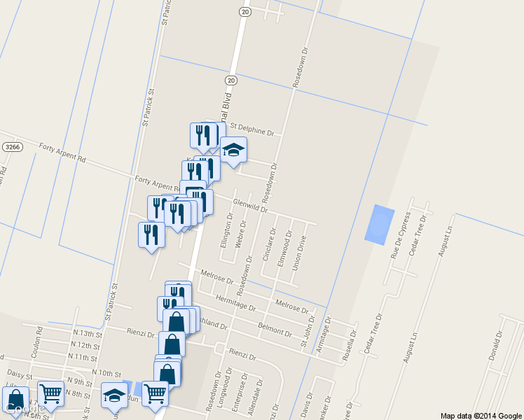map of restaurants, bars, coffee shops, grocery stores, and more near 799 Rosedown Dr in Thibodaux