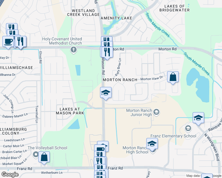 map of restaurants, bars, coffee shops, grocery stores, and more near 2615 Marble Manor Lane in Katy