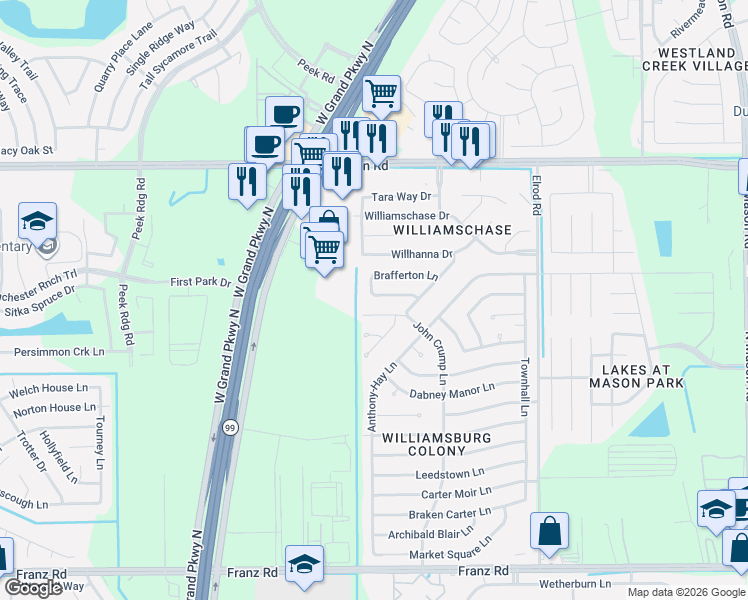 map of restaurants, bars, coffee shops, grocery stores, and more near 22802 Powell House Lane in Katy