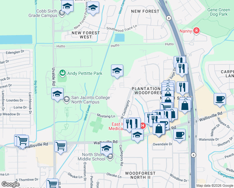 map of restaurants, bars, coffee shops, grocery stores, and more near Horseshoe Drive in Houston