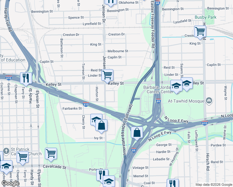map of restaurants, bars, coffee shops, grocery stores, and more near 5802 Jensen Drive in Houston