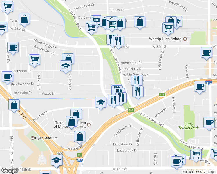 map of restaurants, bars, coffee shops, grocery stores, and more near 2800 West T C Jester Boulevard in Houston