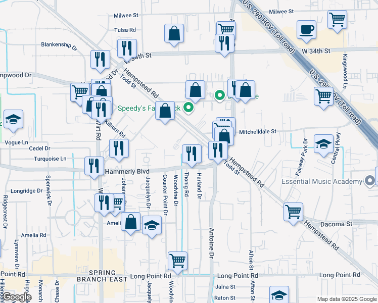 map of restaurants, bars, coffee shops, grocery stores, and more near 11329 Todd Street in Houston