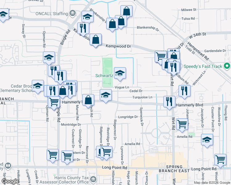 map of restaurants, bars, coffee shops, grocery stores, and more near 8106 Cedel Drive in Houston