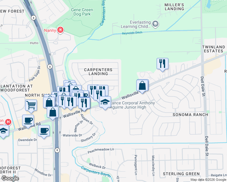 map of restaurants, bars, coffee shops, grocery stores, and more near 5934 Carpenters Hollow Court in Houston
